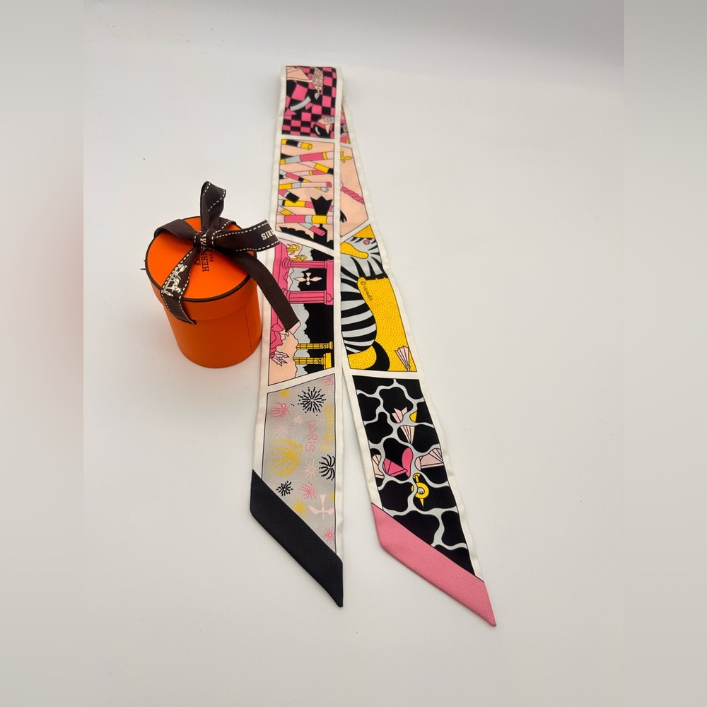 Hermes Pink Black Yellow Multicolor Twilly Scarf